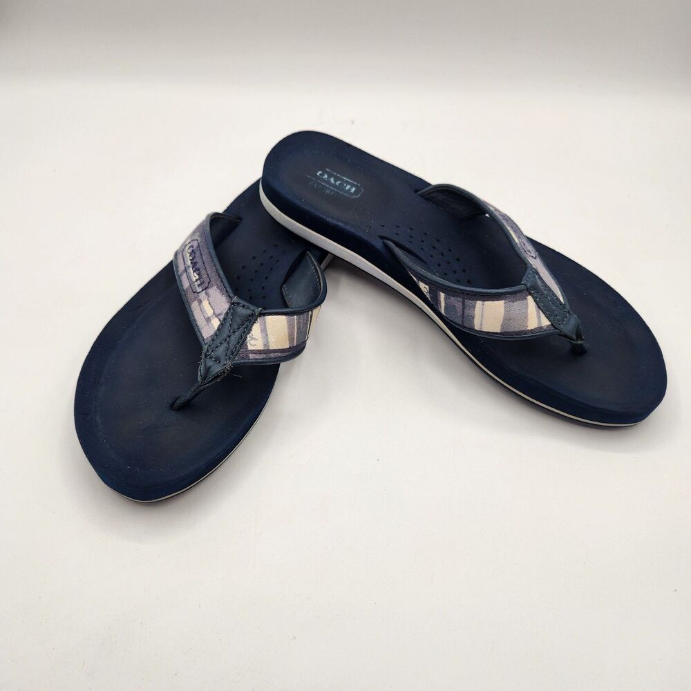 Coach Jolie Flip Flop Thong Sandal Blue Plaid Wedge Size 6.5B